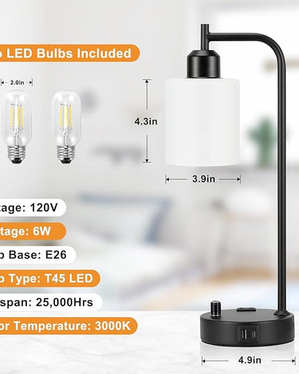 Industrial Bedroom Lamps for Nightstand Set of 2 - Fully Dimmable Bedside Lamps with USB A C Ports and Outlet, Black Table Lamps with Opal Glass Shade for Living Room, Desk Lamps for Office Reading - LeafyLoom