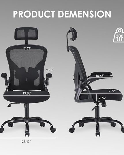 Farini Ergonomic Office Chair, Home Office Desk Chair with Headrest, High Back Computer Chair with Flip-up Armrests and Adjustable Lumbar Support.for Home Office Study Room Bedroom, Black. - LeafyLoom
