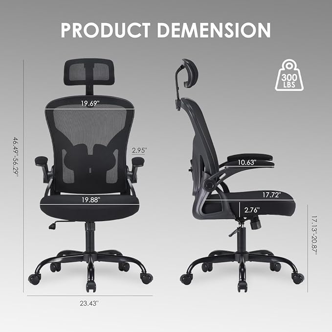 Farini Ergonomic Office Chair, Home Office Desk Chair with Headrest, High Back Computer Chair with Flip-up Armrests and Adjustable Lumbar Support.for Home Office Study Room Bedroom, Black. - LeafyLoom