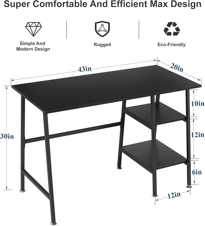 VECELO 43 Inch Home Office Computer Easy to Assemble Simple Table Modern Student Study Desk,Water Proof, Black+black leg - LeafyLoom