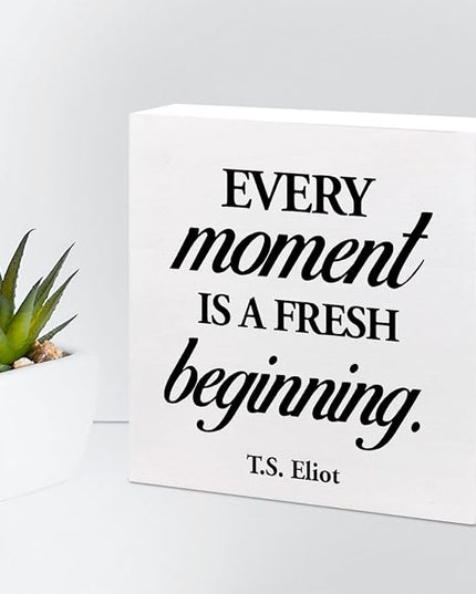 Positive Wood Box Sign Desk Decor,Every Moment is a Fresh Beginning Wood Plaque Signs,Rusti Inspirational Wooden Block Sign Decor for Home Office Shelf Desk Table Decoration C1067 - LeafyLoom