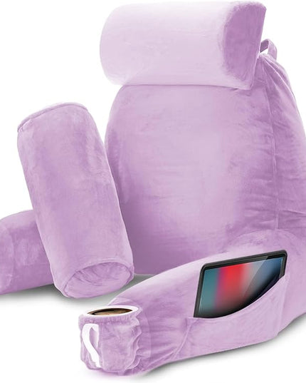Nestl Reading Pillow with Portable Laptop Lap Desk, Velvet Feel Back Pillow for Sitting in Bed, Shredded Memory Foam Back Support Pillow for Bed, Bed Rest Pillow with Arms, Large - Lavender - LeafyLoom