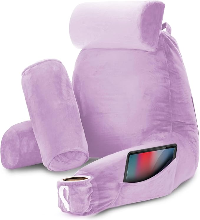 Nestl Reading Pillow with Portable Laptop Lap Desk, Velvet Feel Back Pillow for Sitting in Bed, Shredded Memory Foam Back Support Pillow for Bed, Bed Rest Pillow with Arms, Large - Lavender - LeafyLoom