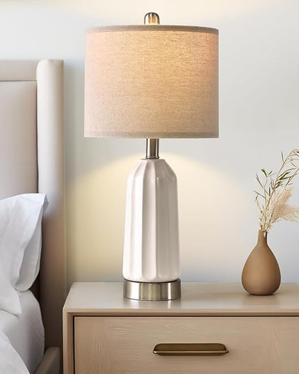 20.25" - Modern Ceramic Bedside Lamp with USB C+A Charging Ports, Table Lamp for Living Room, Bedroom, Nightstand Lamp, Farmhouse Table Lamp (White)-Single - LeafyLoom