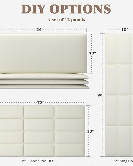 King Headboard, Wall Mounted Peel and Stick Headboard, Upholstered Leather Bed Headboard for King Size Bed, Floating Dorm Bedroom Tall Headboard Soundproof Wall Panels (12 Panels, 10"x24") - LeafyLoom