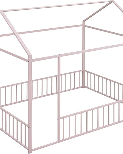 RITSU Full Size Montessori Floor Bed, Metal House Bedframe with Fence, Robust Construction is Used, for Children'S Rooms, Boys Girls, No Box Spring Needed, Easy Assembly, Pink - LeafyLoom