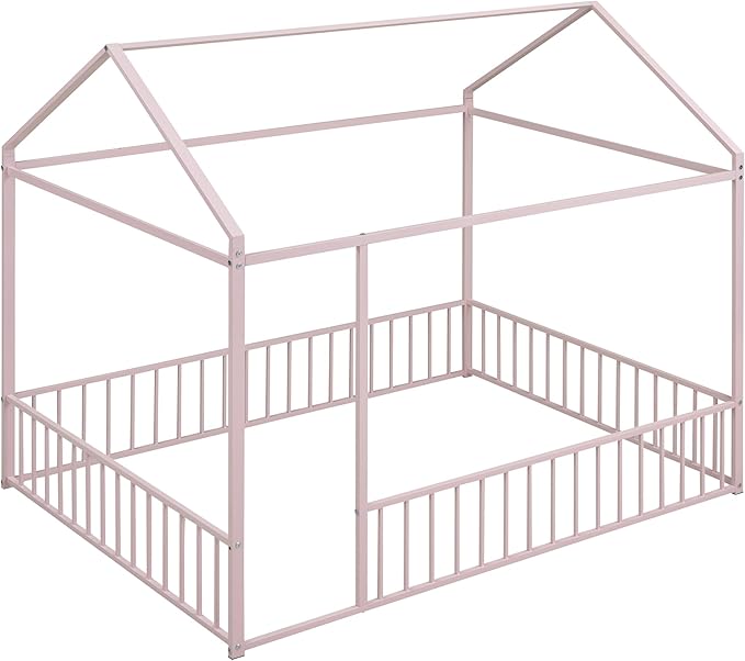 RITSU Full Size Montessori Floor Bed, Metal House Bedframe with Fence, Robust Construction is Used, for Children'S Rooms, Boys Girls, No Box Spring Needed, Easy Assembly, Pink - LeafyLoom