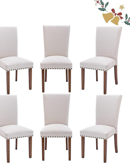 Parsons Dining Chairs Set of 6, Upholstered Nailhead Dining Room Kitchen Side Chair with Thick Cushions and Wood Legs, Beige - LeafyLoom
