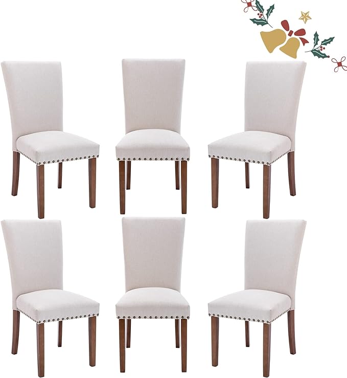 Parsons Dining Chairs Set of 6, Upholstered Nailhead Dining Room Kitchen Side Chair with Thick Cushions and Wood Legs, Beige - LeafyLoom
