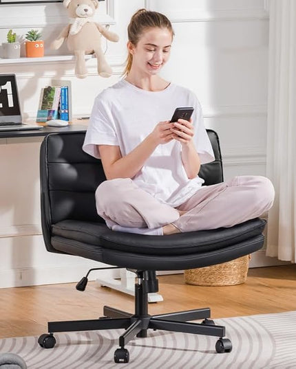 COMHOMA Criss Cross Chair with Wheels, Armless Wide Cross Legged Office Chair Mid Back, Modern Home Office Desk Chair Swivel Adjustable Vanity Computer Chair, Black - LeafyLoom