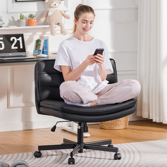 COMHOMA Criss Cross Chair with Wheels, Armless Wide Cross Legged Office Chair Mid Back, Modern Home Office Desk Chair Swivel Adjustable Vanity Computer Chair, Black - LeafyLoom