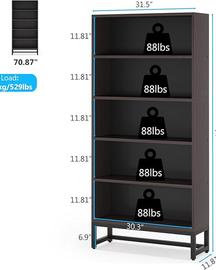 Tribesigns Tall Bookcase and Bookshelf, 70.8” Large Bookcases Organizer with 5-Tier Storage Shelves, Heavy Duty Free-Standing Library Bookshelf Shelving Unit for Living Room, Bedroom (Sandalwood) - LeafyLoom