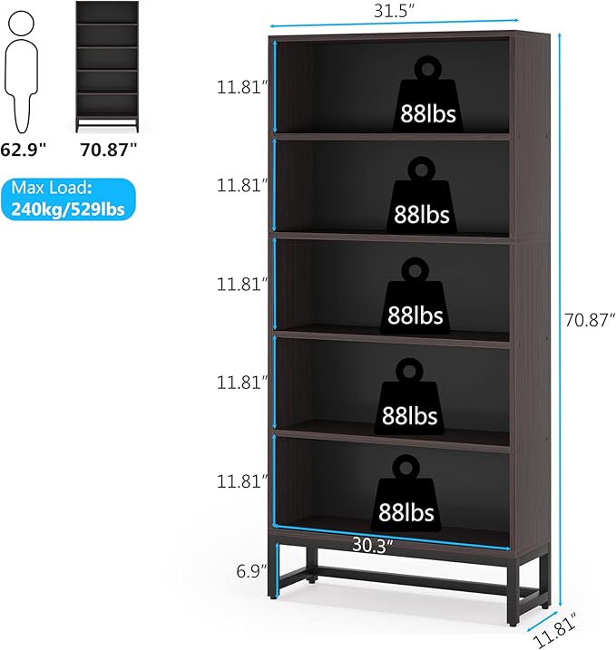 Tribesigns Tall Bookcase and Bookshelf, 70.8” Large Bookcases Organizer with 5-Tier Storage Shelves, Heavy Duty Free-Standing Library Bookshelf Shelving Unit for Living Room, Bedroom (Sandalwood) - LeafyLoom