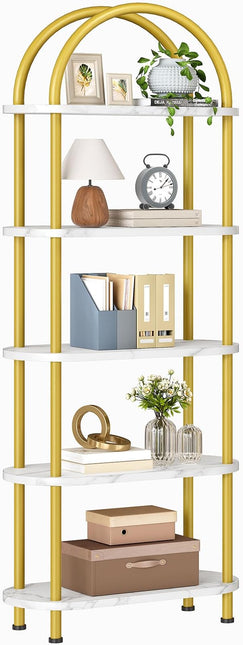HOOBRO 5 Tier Open Bookshelf, Modern Arched Bookcase Display Shelf Racks, Wooden Bookcase Storage Shelves Metal Frame, Tall Storage Organizer for Living Room, Easy Assembly, Gold DM176SJ01 - LeafyLoom