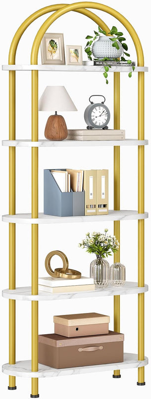 HOOBRO 5 Tier Open Bookshelf, Modern Arched Bookcase Display Shelf Racks, Wooden Bookcase Storage Shelves Metal Frame, Tall Storage Organizer for Living Room, Easy Assembly, Gold DM176SJ01 - LeafyLoom