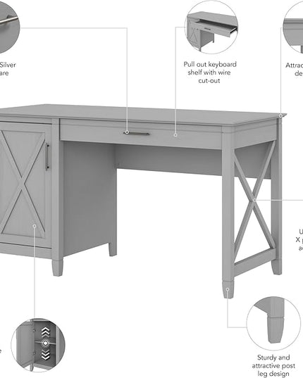 Bush Furniture Key West Computer Desk with Storage | Farmhouse PC Table for Home Office, 54W, Cape Cod Gray - LeafyLoom