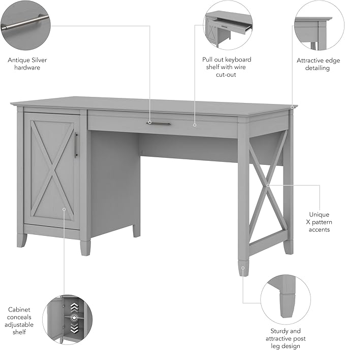 Bush Furniture Key West Computer Desk with Storage | Farmhouse PC Table for Home Office, 54W, Cape Cod Gray - LeafyLoom