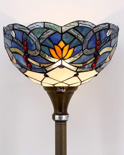 WERFACTORY Tiffany Floor Lamp Blue Lotus Flower Stained Glass Light 12X12X66 Inches Pole Torchiere Standing Corner Torch Uplight Decor Bedroom Living Room Home Office S220 Series - LeafyLoom