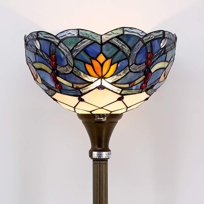 WERFACTORY Tiffany Floor Lamp Blue Lotus Flower Stained Glass Light 12X12X66 Inches Pole Torchiere Standing Corner Torch Uplight Decor Bedroom Living Room Home Office S220 Series - LeafyLoom