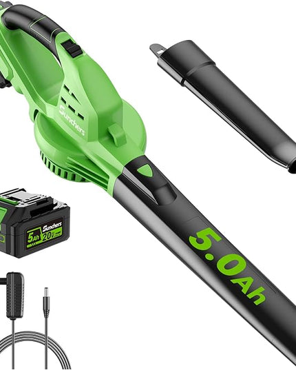 Leaf Blower Cordless with 5.0Ah Battery and Charger, 135MPH 170CFM High Speed Leaf Blower with 2 Tube, 20V Electric Leaf Cleaner, Lightweight Handheld Small Blower for Car, Garden, House, Depot, Green - LeafyLoom