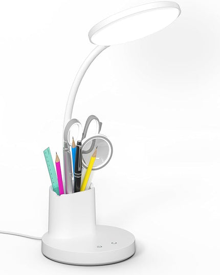 Desk Lamp, LED Desk Lamp for Home Office, Touch Table Lamp with 3 Color Modes 360° Adjustable Arm, Dimmable Desk Light with Pen Phone Holder, White - LeafyLoom