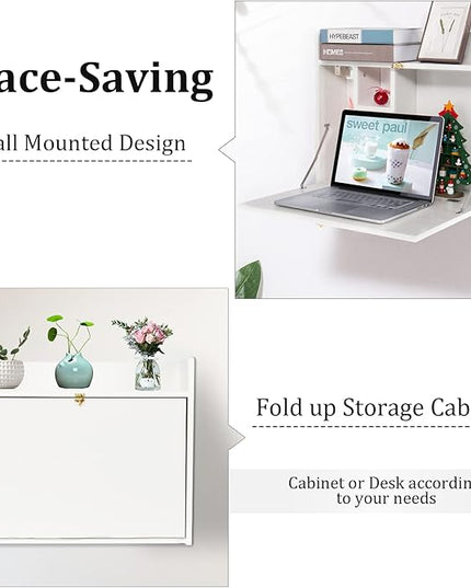 YUSING Wall Mounted Table, Multifunctional Fold Down Wall Mounted Laptop Computer Desk with Storage Compartments for Home, Office, White - LeafyLoom