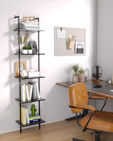 Nidouillet 5 Tier Ladder Shelf, 70-Inch Wall Mounted Ladder Bookshelf Metal Frame Storage Rack and Industrial Display Shelves for Living Room Bedroom Home Office - Black - LeafyLoom