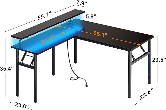 DlandHome Reversible L-Shaped Desk with Monitor Stand,LED Lighting Computer Desk with Power Outlets,Home Office Table Computer Workstation, Black - LeafyLoom