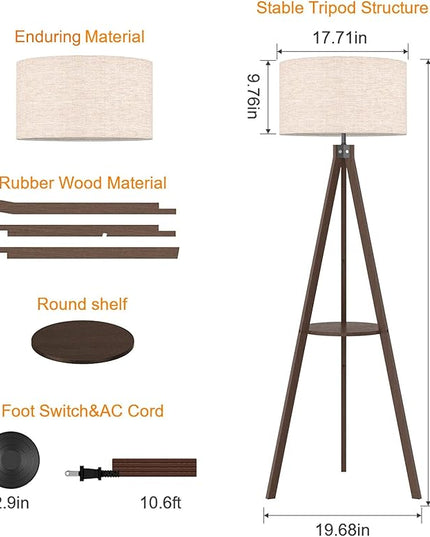 LEPOWER Tripod Floor Lamp, Mid Century Wood Standing Lamp, Modern Design Shelf Floor Lamp for Living Room, Bedroom, Office, Flaxen Lamp Shade with E26 Lamp Base Dark Brown - LeafyLoom