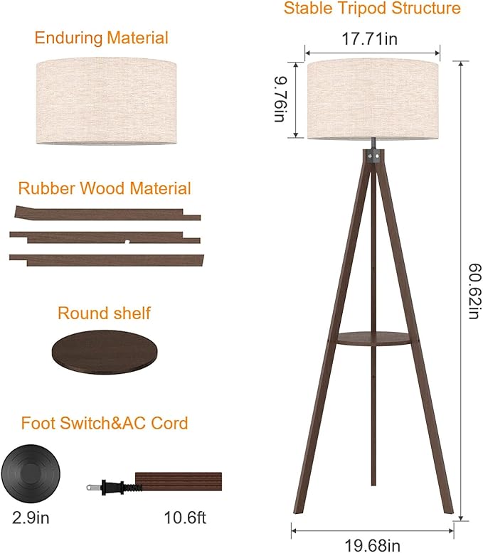 LEPOWER Tripod Floor Lamp, Mid Century Wood Standing Lamp, Modern Design Shelf Floor Lamp for Living Room, Bedroom, Office, Flaxen Lamp Shade with E26 Lamp Base Dark Brown - LeafyLoom