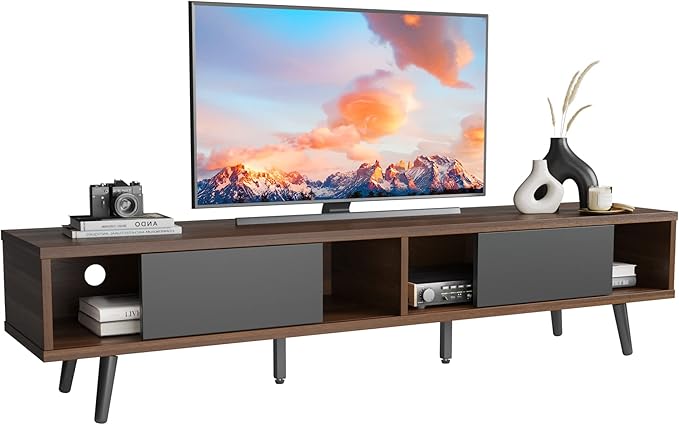 Bestier 70 inch Mid Century Modern TV Stand for 75 inch TV, Low Profile TV Stand with Storage, Entertainment Center for Living Room, Cord Management, Walnut - LeafyLoom