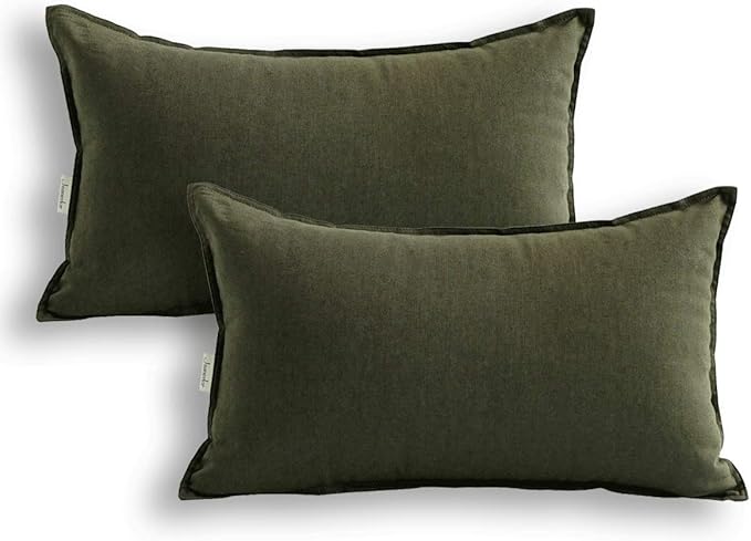 Jeanerlor Cotton Linen Square Decorative Throw Pillow Case Cushion Cover with Twin Needles Stitch on Edge, 12"x20"(30 x 50cm), 2 Pcs, Olive Green - LeafyLoom
