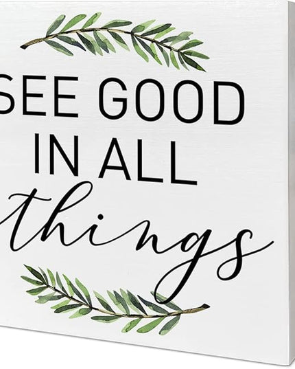 Home Office Desk Wooden Box Sign Decor, See Good in All Things, Inspirational Quotes Desk Decor Motivational Desk Decorations for Women Men Student Office Classroom School - LeafyLoom