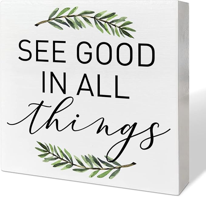 Home Office Desk Wooden Box Sign Decor, See Good in All Things, Inspirational Quotes Desk Decor Motivational Desk Decorations for Women Men Student Office Classroom School - LeafyLoom