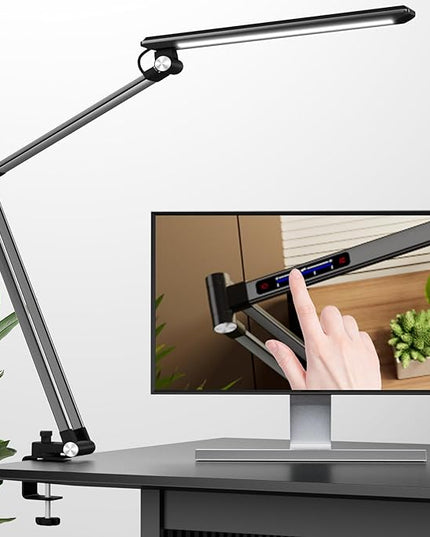Space Saving LED Desk Lamps,Touch Adjustment 10 Color Temperatures &10 Brightness Eye-Caring Modes, Swing Arm Desk Light with Clamp，Lamp for Home Office 360° Spin Memory Function-Metallic Black - LeafyLoom