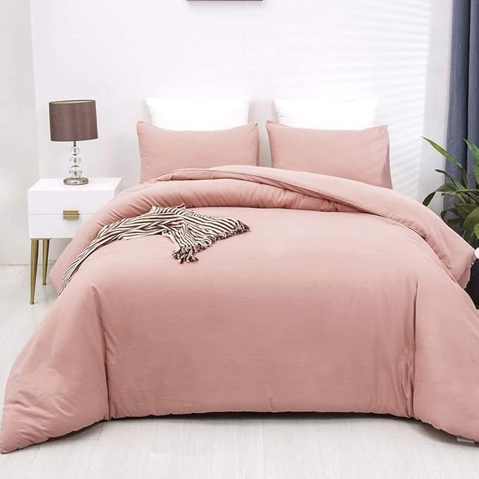 Queen Blush Pink Cotton Comforter Set, 3 PCS Breathable Bedding with 2 Pillowcases, Fade-Resistant, Lightweight, Durable, Ideal for Gift - LeafyLoom