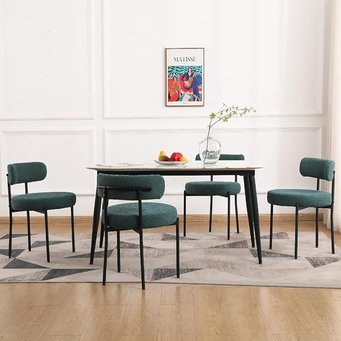 EDWELL Green Dining Chairs Set of 4, Modern Upholstered Dining Room Chairs with Thick Cushion, Curved Backrest Kitchen Chairs Boucle Chair for Dining Room, Living Room - LeafyLoom