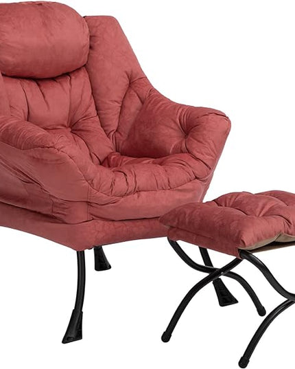 AcozyHom Fabric Lazy Chair with Foldable Ottoman, Accent Comfy Lounge Arm Chair and Folding Footrest Stool Set, Leisure Sofa Reading Chair and Footstool for Living Room, Bedroom, Dorm, Brick Red - LeafyLoom