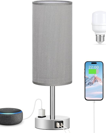 Grey Nightstand Table Lamp for Bedroom - 3 Way Dimmable Bedside Lamp USB C A Charging Ports and AC Outlet, Small Table Lamp Silver Base for Living Room, Office Desk, LED Bulb Included - LeafyLoom