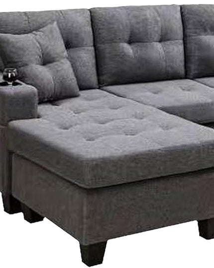 L-Shape Sectional, with 2 Throw Pillows, Side Pocket and Cupholders, Convertible Corner Sofa w/Armrest, Left Chaise Longue, for Living Room & Apartment, 96Inch, Gray - LeafyLoom