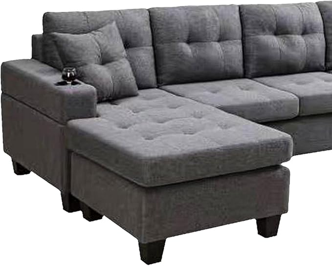 L-Shape Sectional, with 2 Throw Pillows, Side Pocket and Cupholders, Convertible Corner Sofa w/Armrest, Left Chaise Longue, for Living Room & Apartment, 96Inch, Gray - LeafyLoom