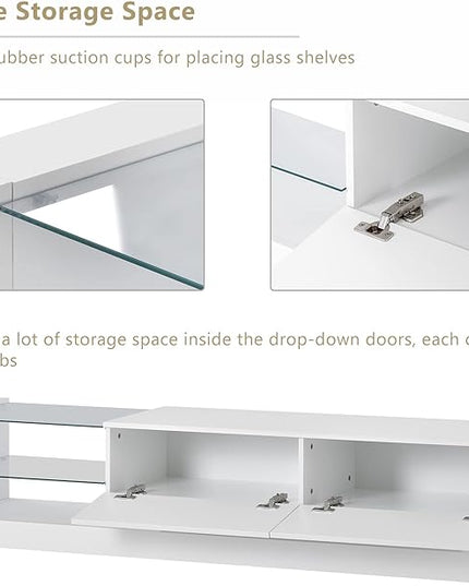 Merax TV Stand with Media Storage Cabinet, Modern High Gloss Entertainment Center for 75 Inch Television, 16 RGB LED Color Changing Lights, for Living Room, 74.8 inch Length, White - LeafyLoom