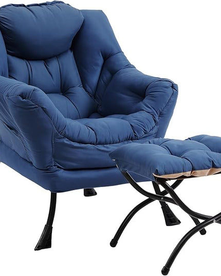 Lazy Chair with Ottoman, Modern Chair with Folding Footrest, Lounge Accent Chair, Comfortable Reading Chair (Royal Blue) - LeafyLoom