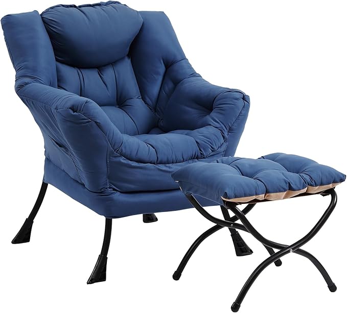 Lazy Chair with Ottoman, Modern Chair with Folding Footrest, Lounge Accent Chair, Comfortable Reading Chair (Royal Blue) - LeafyLoom