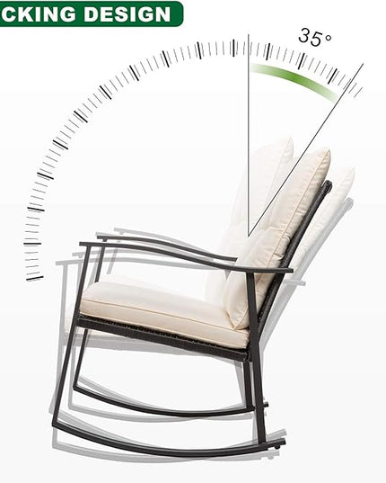 Shintenchi Outdoor 3-Piece Rocking Bistro Set,Wicker Patio Furniture Porch Chairs Conversation Sets with Glass Coffee (Beige Cushion) - LeafyLoom