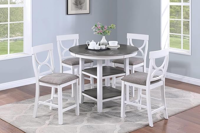 NicBex Round Dining Table Set for 4 Kitchen Table Set Counter Height Dining Table with Storage Shelve 4X Chairs Padded Seat Unique Design Back 5Pc Dining Set, White - LeafyLoom