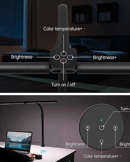 Double Head Desk Lamp LED Dimmable with Touch Remote Control, 80cm Architect Desk Light with Clamp, 24W Adjustable Gooseneck Office Light Monitor Light, 25 Lighting Modes for Study Reading, Black - LeafyLoom