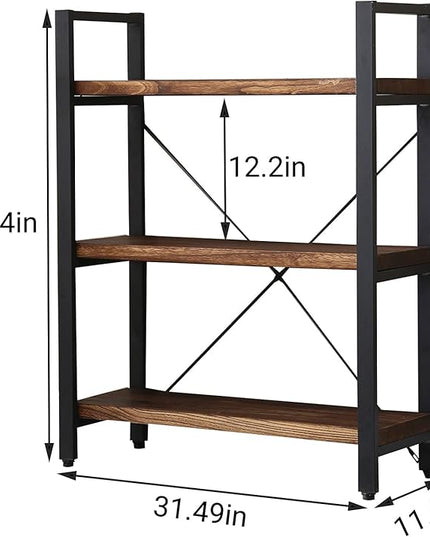 3 Tier Bookcase, Solid Wood Bookshelf Rustic Vintage Industrial Etagere Bookcase, Metal and Wood Free Vintage Bookshelf, Retro Brown (Real Wood) (3-Tier) - LeafyLoom