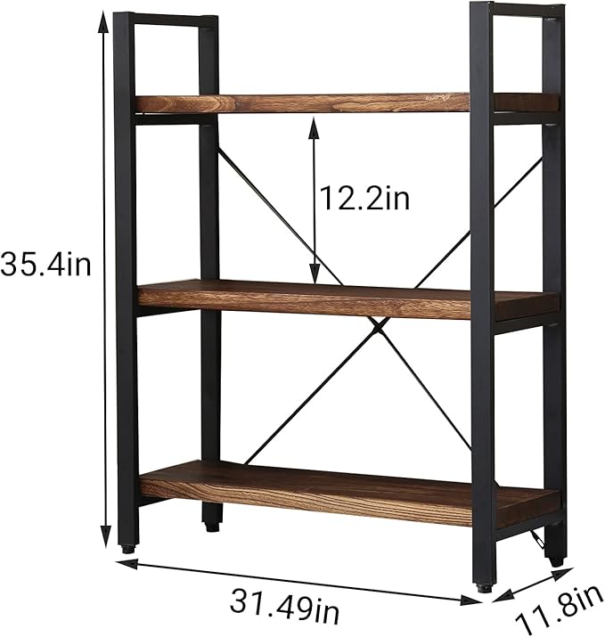 3 Tier Bookcase, Solid Wood Bookshelf Rustic Vintage Industrial Etagere Bookcase, Metal and Wood Free Vintage Bookshelf, Retro Brown (Real Wood) (3-Tier) - LeafyLoom