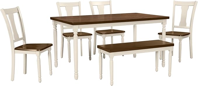 Room Piece Kitchen Dining Set for 6-Farmhouse Rustic Style Rectangular Wood Table, 4 Chairs, 1 Bench for Family, Onesize, Brown+Cottage White - LeafyLoom
